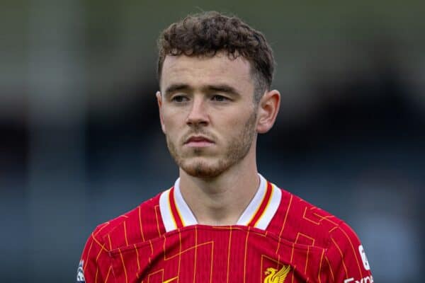 KIRKBY, ENGLAND - Wednesday, August 21, 2024: Liverpool's captain Tom Hill during the Premier League International Cup Group C match between Liverpool FC Under-21's and PSV Eindhoven's Under-21's at the Liverpool Academy. PSV won 4-0. (Photo by David Rawcliffe/Propaganda)