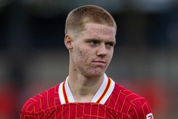 KIRKBY, ENGLAND - Wednesday, August 21, 2024: Liverpool's Carter Pinnington lines-up before the Premier League International Cup Group C match between Liverpool FC Under-21's and PSV Eindhoven's Under-21's at the Liverpool Academy. PSV won 4-0. (Photo by David Rawcliffe/Propaganda)