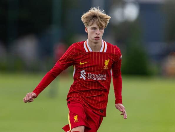 KIRKBY, ENGLAND - Saturday, August 24, 2024: Liverpool's Ollie O'Connor during the Under-18's Premier League North match between Liverpool FC Under-18's and Middlesbrough FC Under-18's at the Liverpool Academy. Middlesbrough won 3-2. (Photo by David Rawcliffe/Propaganda)