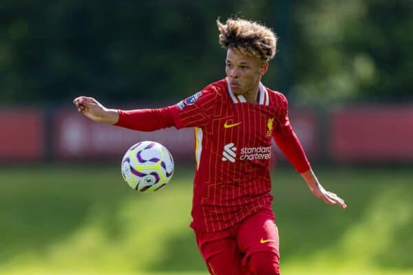 KIRKBY, ENGLAND - Saturday, August 24, 2024: Liverpool's Trent Kone-Doherty during the Premier League 2 Division 1 match between Liverpool FC Under-21's and Leicester City FC Under-21's at the Liverpool Academy. Leicester won 2-1. (Photo by David Rawcliffe/Propaganda)