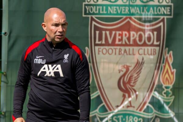 KIRKBY, ENGLAND - Saturday, August 24, 2024: Liverpool's Under-18's head coach Marc Bridge-Wilkinson during the Under-18's Premier League North match between Liverpool FC Under-18's and Middlesbrough FC Under-18's at the Liverpool Academy. Middlesbrough won 3-2. (Photo by David Rawcliffe/Propaganda)