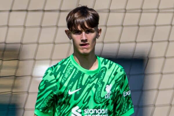 KIRKBY, ENGLAND - Saturday, August 24, 2024: Liverpool's goalkeeper Bailey Hall during the Under-18's Premier League North match between Liverpool FC Under-18's and Middlesbrough FC Under-18's at the Liverpool Academy. Middlesbrough won 3-2. (Photo by David Rawcliffe/Propaganda)