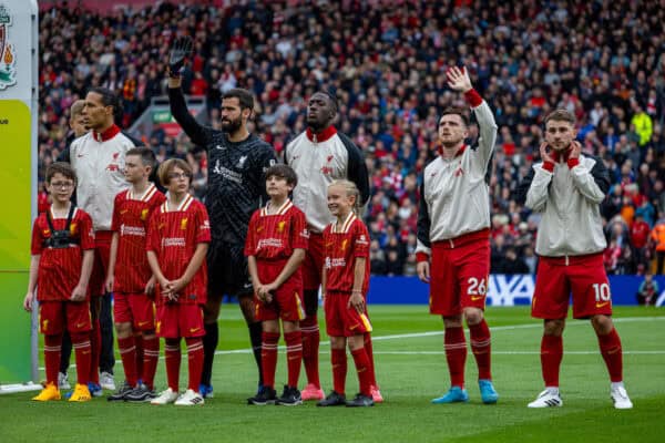 LIVERPOOL, ENGLAND - Sunday, August 25, 2024: Liverpool's captain Virgil van Dijk, goalkeeper Alisson Becker, Ibrahima Konaté, Andy Robertson and Alexis Mac Allister line-up before the FA Premier League match between Liverpool FC and Brentford FC at Anfield. Liverpool won 2-0. (Photo by David Rawcliffe/Propaganda)