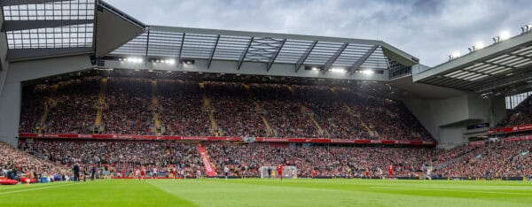 LIVERPOOL, ENGLAND - Sunday, August 25, 2024: A fully open Anfield Road stand helped set a new record League attendance at Anfield with 60,107 supporters during the FA Premier League match between Liverpool FC and Brentford FC at Anfield. Liverpool won 2-0. (Photo by David Rawcliffe/Propaganda) This image is a digital composite of several images.