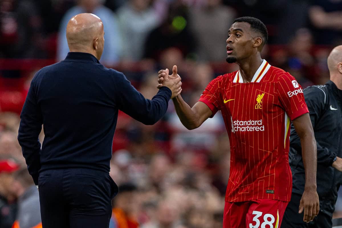 LIVERPOOL, ENGLAND - Sunday, August 25, 2024: Liverpool's Ryan Gravenberch embraces head coach Arne Slot as he is substituted during the FA Premier League match between Liverpool FC and Brentford FC at Anfield. Liverpool won 2-0. (Photo by David Rawcliffe/Propaganda)