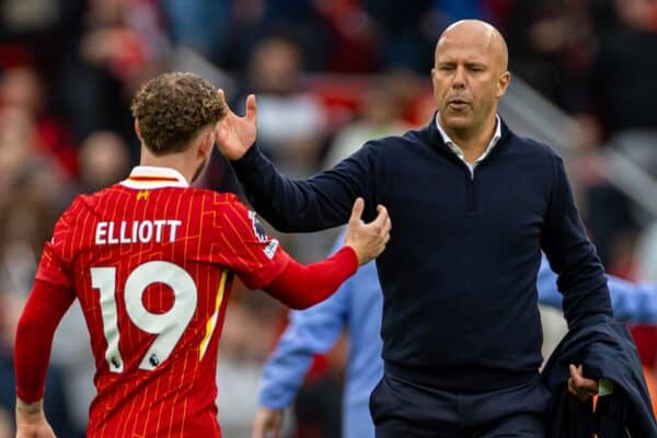 LIVERPOOL, ENGLAND - Sunday, August 25, 2024: Liverpool's head coach Arne Slot (R) and Harvey Elliott after the FA Premier League match between Liverpool FC and Brentford FC at Anfield. Liverpool won 2-0. (Photo by David Rawcliffe/Propaganda)