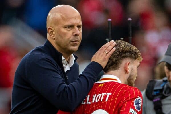 LIVERPOOL, ENGLAND - Sunday, August 25, 2024: Liverpool's head coach Arne Slot (L) and Harvey Elliott after the FA Premier League match between Liverpool FC and Brentford FC at Anfield. Liverpool won 2-0. (Photo by David Rawcliffe/Propaganda)
