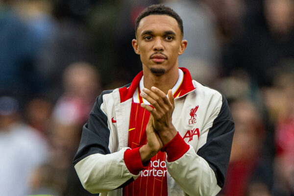 LIVERPOOL, ENGLAND - Sunday, August 25, 2024: Liverpool's Trent Alexander-Arnold applauds the supporters after the FA Premier League match between Liverpool FC and Brentford FC at Anfield. Liverpool won 2-0. (Photo by David Rawcliffe/Propaganda)