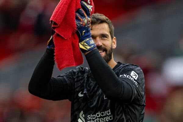 LIVERPOOL, ENGLAND - Sunday, August 25, 2024: Liverpool's goalkeeper Alisson Becker applauds the supporters after the FA Premier League match between Liverpool FC and Brentford FC at Anfield. Liverpool won 2-0. (Photo by David Rawcliffe/Propaganda)