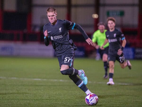 CREWE, ENGLAND - Tuesday, August 27, 2024: Liverpool's Carter Pennington  during the English Football League Trophy Northern Group E match between Crewe Alexandra FC and Liverpool Under-21s at Gresty Road in Crewe. (Photo by Jayde Chamberlain/Propaganda)