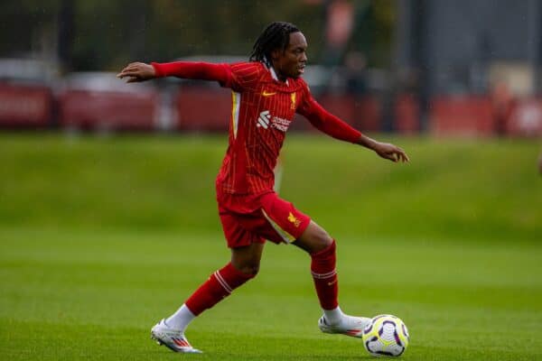 KIRKBY, ENGLAND - Wednesday, August 28, 2024: Liverpool's Afolami Onanuga during the Under-18's Premier League Cup match between Liverpool FC Under-18's and Arsenal FC Under-18's at the Liverpool Academy. Arsenal won 5-3. (Photo by David Rawcliffe/Propaganda)