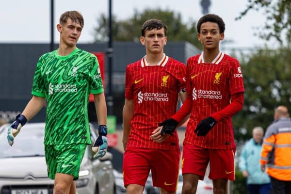 KIRKBY, ENGLAND - Wednesday, August 28, 2024: Liverpool's goalkeeper Bailey Hall, captain Lucas Pitt and Josh Sonni-Lambie walk out for the second half during the Under-18's Premier League Cup match between Liverpool FC Under-18's and Arsenal FC Under-18's at the Liverpool Academy. Arsenal won 5-3. (Photo by David Rawcliffe/Propaganda)
