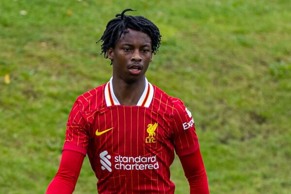 KIRKBY, ENGLAND - Wednesday, August 28, 2024: Liverpool's Lamore Forrester during the Under-18's Premier League Cup match between Liverpool FC Under-18's and Arsenal FC Under-18's at the Liverpool Academy. Arsenal won 5-3. (Photo by David Rawcliffe/Propaganda)