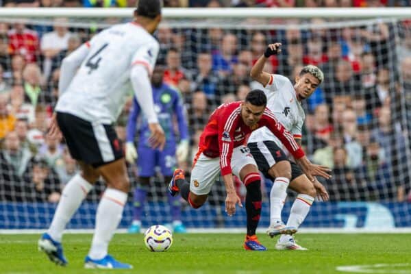 MANCHESTER, ENGLAND - Sunday, September 1, 2024: Liverpool's Luis Díaz steals the ball off Manchester United's Carlos Henrique Casimiro during the FA Premier League match between Manchester United FC and Liverpool FC at Old Trafford. Liverpool won 3-0. (Photo by David Rawcliffe/Propaganda)
