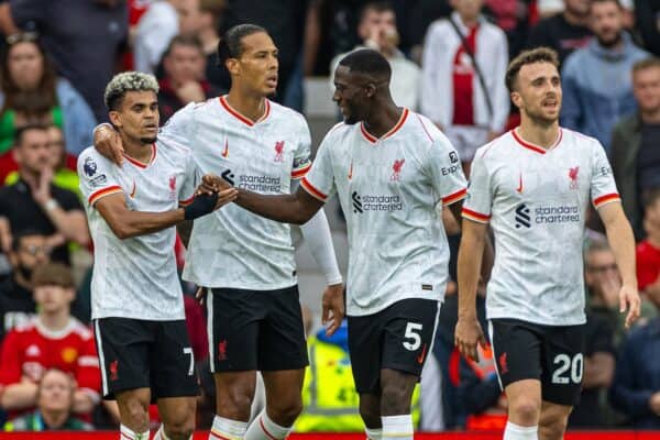MANCHESTER, ENGLAND - Sunday, September 1, 2024: Liverpool's Luis Díaz (L) celebrates with team-mates captain Virgil van Dijk (C) and Ibrahima Konaté (R) after scoring the second goal during the FA Premier League match between Manchester United FC and Liverpool FC at Old Trafford. Liverpool won 3-0. (Photo by David Rawcliffe/Propaganda)