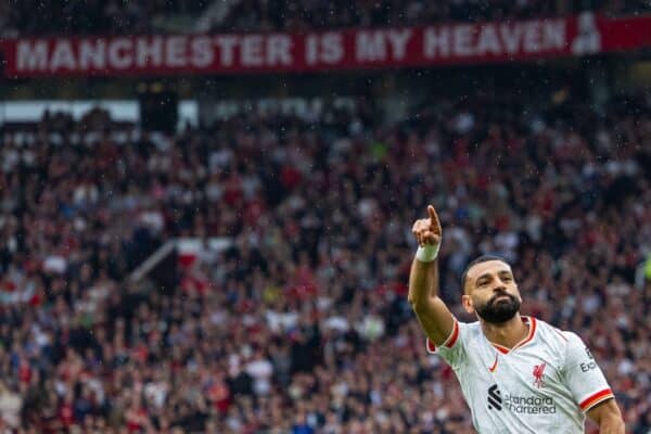 MANCHESTER, ENGLAND - Sunday, September 1, 2024: Liverpool's Mohamed Salah celebrates after scoring the third goal during the FA Premier League match between Manchester United FC and Liverpool FC at Old Trafford. Liverpool won 3-0. (Photo by David Rawcliffe/Propaganda)