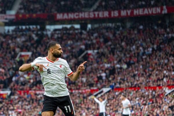 MANCHESTER, ENGLAND - Sunday, September 1, 2024: Liverpool's Mohamed Salah celebrates after scoring the third goal during the FA Premier League match between Manchester United FC and Liverpool FC at Old Trafford. Liverpool won 3-0. (Photo by David Rawcliffe/Propaganda)