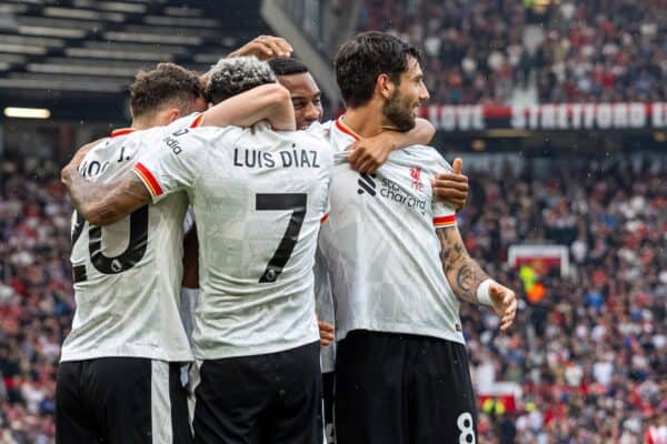 MANCHESTER, ENGLAND - Sunday, September 1, 2024: Liverpool's Mohamed Salah celebrates after scoring the third goal during the FA Premier League match between Manchester United FC and Liverpool FC at Old Trafford. Liverpool won 3-0. (Photo by David Rawcliffe/Propaganda)