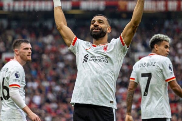MANCHESTER, ENGLAND - Sunday, September 1, 2024: Liverpool's Mohamed Salah celebrates after scoring the third goal during the FA Premier League match between Manchester United FC and Liverpool FC at Old Trafford. Liverpool won 3-0. (Photo by David Rawcliffe/Propaganda)