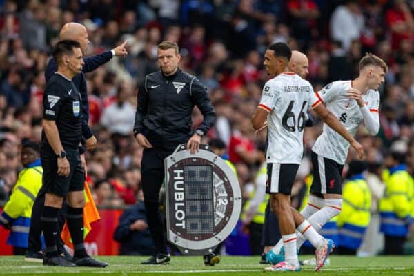 MANCHESTER, ENGLAND - Sunday, September 1, 2024: Liverpool's Trent Alexander-Arnold (L) is replaced by substitute Conor Bradley during the FA Premier League match between Manchester United FC and Liverpool FC at Old Trafford. Liverpool won 3-0. (Photo by David Rawcliffe/Propaganda)