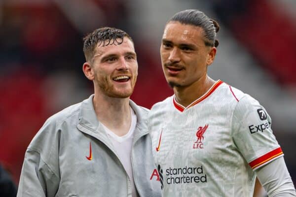 MANCHESTER, ENGLAND - Sunday, September 1, 2024: Liverpool's Andy Robertson (L) and Darwin Núñez celebrate after the FA Premier League match between Manchester United FC and Liverpool FC at Old Trafford. Liverpool won 3-0. (Photo by David Rawcliffe/Propaganda)
