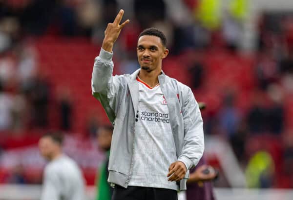 MANCHESTER, ENGLAND - Sunday, September 1, 2024: Liverpool's Trent Alexander-Arnold holds up three fingers as he celebrates after the FA Premier League match between Manchester United FC and Liverpool FC at Old Trafford. Liverpool won 3-0. (Photo by David Rawcliffe/Propaganda)