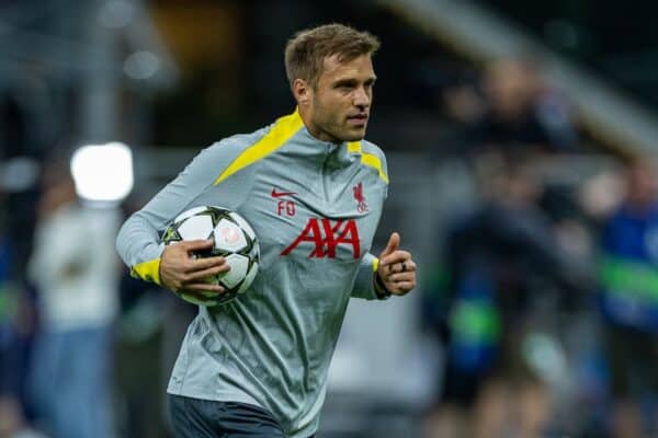 MILAN, ITALY - Tuesday, September 17, 2024: Liverpool's head of first-team goalkeeper coaching Fabian Otte during the pre-match warm-up before the UEFA Champions League game between AC Milan and Liverpool FC at the Stadio San Siro. Liverpool won 3-1. (Photo by David Rawcliffe/Propaganda)