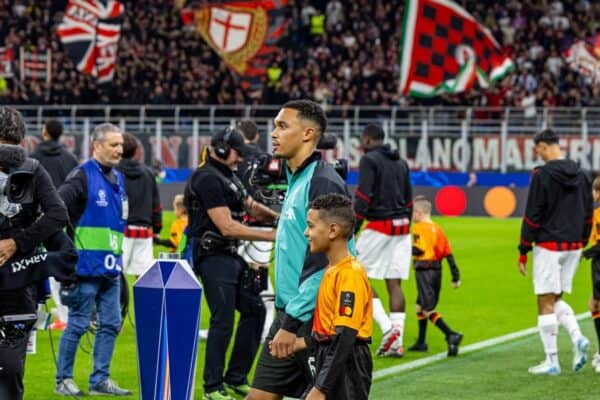 MILAN, ITALY - Tuesday, September 17, 2024: Liverpool's Trent Alexander-Arnold walks out before the UEFA Champions League game between AC Milan and Liverpool FC at the Stadio San Siro. Liverpool won 3-1. (Photo by David Rawcliffe/Propaganda)