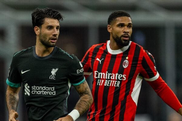 MILAN, ITALY - Tuesday, September 17, 2024: Liverpool's Dominik Szoboszlai (L) and AC Milan's Ruben Loftus-Cheek during the UEFA Champions League game between AC Milan and Liverpool FC at the Stadio San Siro. Liverpool won 3-1. (Photo by David Rawcliffe/Propaganda)