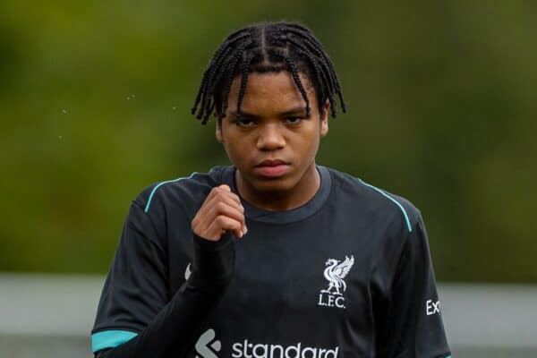 MILAN, ITALY - Tuesday, September 17, 2024: Liverpool's substitute Rio Ngumoha during the UEFA Youth League match day 1 game between AC Milan Under-19's and Liverpool FC Under-19's at Centro Sportivo Vismara. The game ended 0-0. (Photo by David Rawcliffe/Propaganda)