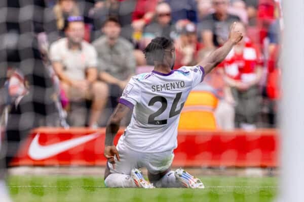 LIVERPOOL, ENGLAND - Saturday, September 21, 2024: AFC Bournemouth's Antoine Semenyo celebrates before his goal was disallowed during the FA Premier League match between Liverpool FC and AFC Bournemouth at Anfield. Liverpool won 3-0. (Photo by David Rawcliffe/Propaganda)