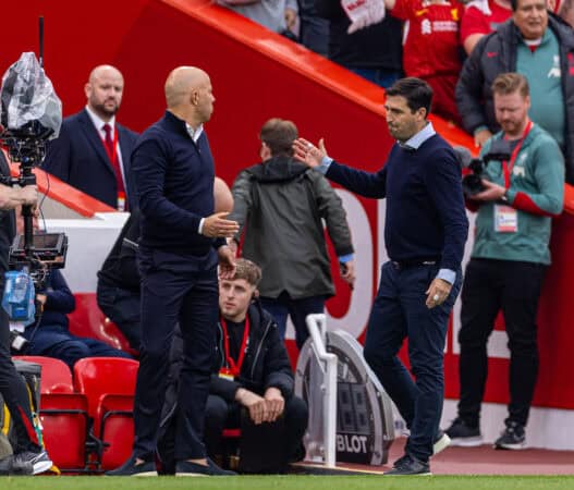 LIVERPOOL, ENGLAND - Saturday, September 21, 2024: Liverpool's head coach Arne Slot (L) shakes hands with AFC Bournemouth's manager Andoni Iraola after the FA Premier League match between Liverpool FC and AFC Bournemouth at Anfield. Liverpool won 3-0. (Photo by David Rawcliffe/Propaganda)