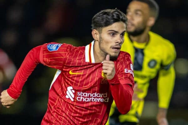 HARROGATE, ENGLAND - Monday, September 23, 2024: Liverpool's Oakley Cannonier during the English Football League Trophy Northern Group E match between Harrogate Town AFC and Liverpool FC Under-21's at Wetherby Road. The game ended 1-1. Harrogate won 4-2 on penalties. (Photo by David Rawcliffe/Propaganda)