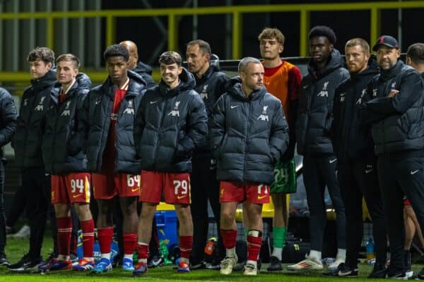 HARROGATE, ENGLAND - Monday, September 23, 2024: Liverpool's Michael Laffey, Keyrol Figueroa, Dominic Corness, Jay Spearing, Barry Lewtas look on during the penalty shoot-out after the English Football League Trophy Northern Group E match between Harrogate Town AFC and Liverpool FC Under-21's at Wetherby Road. The game ended 1-1. Harrogate won 4-2 on penalties. (Photo by David Rawcliffe/Propaganda)