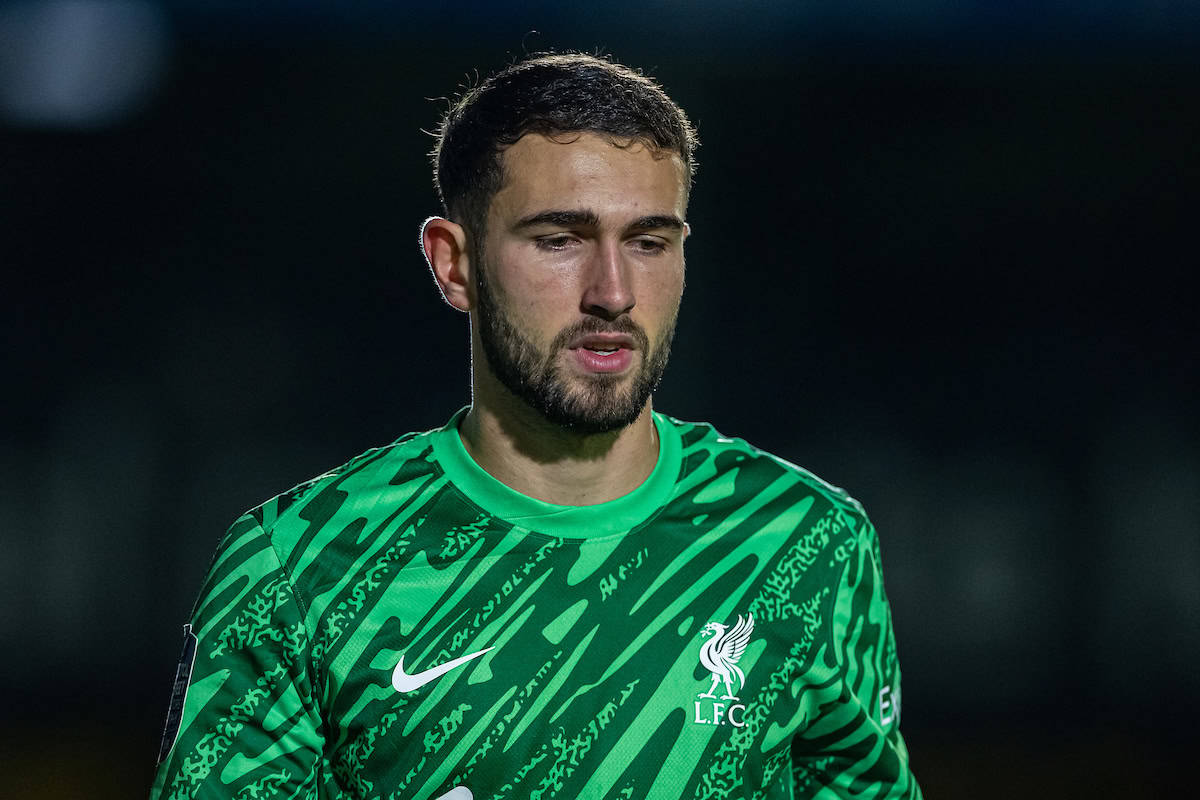 HARROGATE, ENGLAND - Monday, September 23, 2024: Liverpool's goalkeeper Harvey Davies during the penalty shoot-out after the English Football League Trophy Northern Group E match between Harrogate Town AFC and Liverpool FC Under-21's at Wetherby Road. The game ended 1-1. Harrogate won 4-2 on penalties. (Photo by David Rawcliffe/Propaganda)
