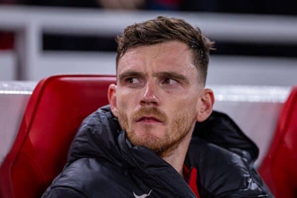 LIVERPOOL, ENGLAND - Wednesday, September 25, 2024: Liverpool's substitute Andy Robertson on the bench before the Football League Cup 3rd Round match between Liverpool FC and West Ham United FC at Anfield. Liverpool won 5-1. (Photo by Ryan Brown/Propaganda)
