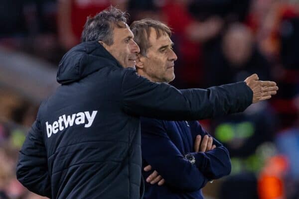 LIVERPOOL, ENGLAND - Wednesday, September 25, 2024: West Ham United's Julen Lopetegui (R) during the Football League Cup 3rd Round match between Liverpool FC and West Ham United FC at Anfield. Liverpool won 5-1. (Photo by Ryan Brown/Propaganda)