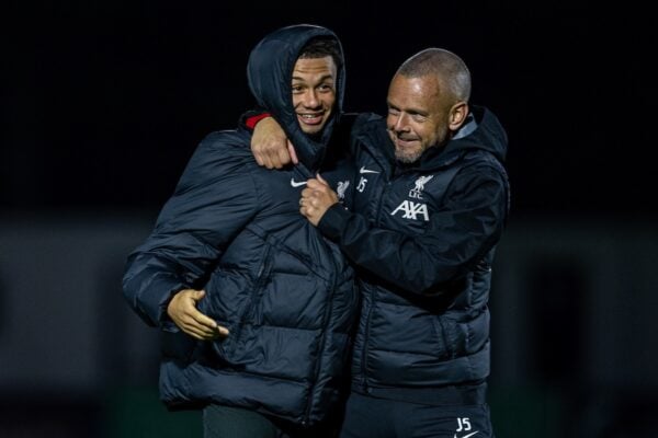 BOREHAMWOOD, ENGLAND - Friday, September 27, 2024: Liverpool's goal-scorer Ranel Young celebrates with coach Jay Spearing after the Premier League 2 Division 1 match between Arsenal FC Under-21's and Liverpool FC Under-21's at Meadow Park. Liverpool won 3-0. (Photo by David Rawcliffe/Propaganda)