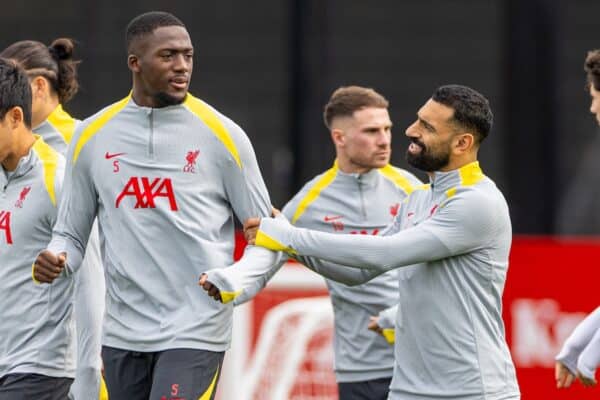 LIVERPOOL, ENGLAND - Tuesday, October 1, 2024: Liverpool's Ibrahima Konaté (L) and Mohamed Salah during a training session at the AXA Training Centre ahead of the UEFA Champions League match between Liverpool FC and Bologna FC. (Photo by David Rawcliffe/Propaganda)