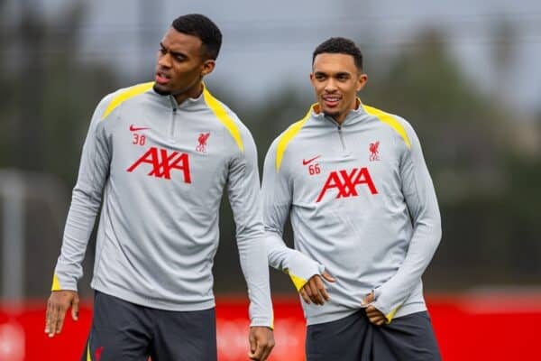 LIVERPOOL, ENGLAND - Tuesday, October 1, 2024: Liverpool's Ryan Gravenberch (L) and Trent Alexander-Arnold during a training session at the AXA Training Centre ahead of the UEFA Champions League match between Liverpool FC and Bologna FC. (Photo by David Rawcliffe/Propaganda)