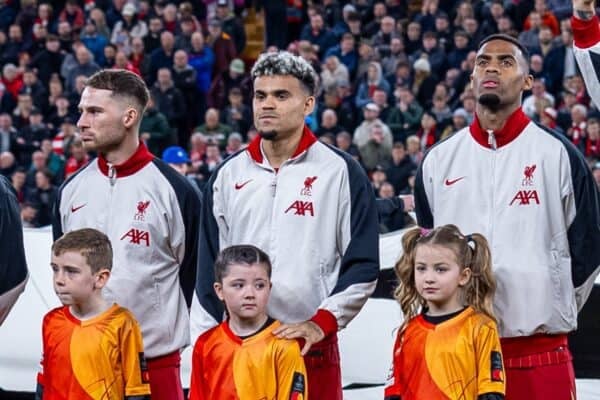 LIVERPOOL, ENGLAND - Wednesday, October 2, 2024: Liverpool players Alexis Mac Allister, Luis Diaz, Ryan Gravenberch and mascots line-up before the UEFA Champions League game between Liverpool FC and Bologna FC 1909 at Anfield. (Photo by David Rawcliffe/Propaganda)