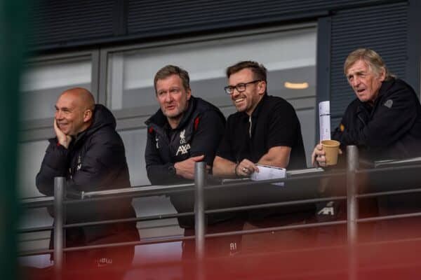 KIRKBY, ENGLAND - Wednesday, October 2, 2024: Liverpool's (L-R) Under-21's head coach Marc Bridge-Wilkinson, Academy Director Alex Inglethorpe, FSG chief executive of football Michael Edwards, and club Ambassador Sir Kenny Dalglish during the UEFA Youth League game between Liverpool FC Under-19's and Bologna FC 1909 Under-19's at the Liverpool Academy. Liverpool won 2-1. (Photo by David Rawcliffe/Propaganda)