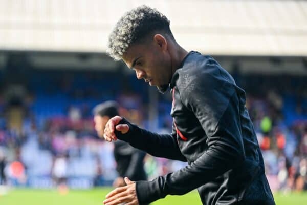 LONDON, ENGLAND - Saturday, October 5, 2024: Liverpool's Luis Díaz during the pre-match warm-up before the FA Premier League match between Crystal Palace FC and Liverpool FC at Selhurt Park. (Photo by David Rawcliffe/Propaganda)