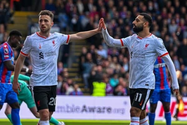 LONDON, ENGLAND - Saturday, October 5, 2024: Liverpool's Diogo Jota (L) celebrates with team-mate Mohamed Salah after scoring the first goal during the FA Premier League match between Crystal Palace FC and Liverpool FC at Selhurst Park. (Photo by David Rawcliffe/Propaganda)