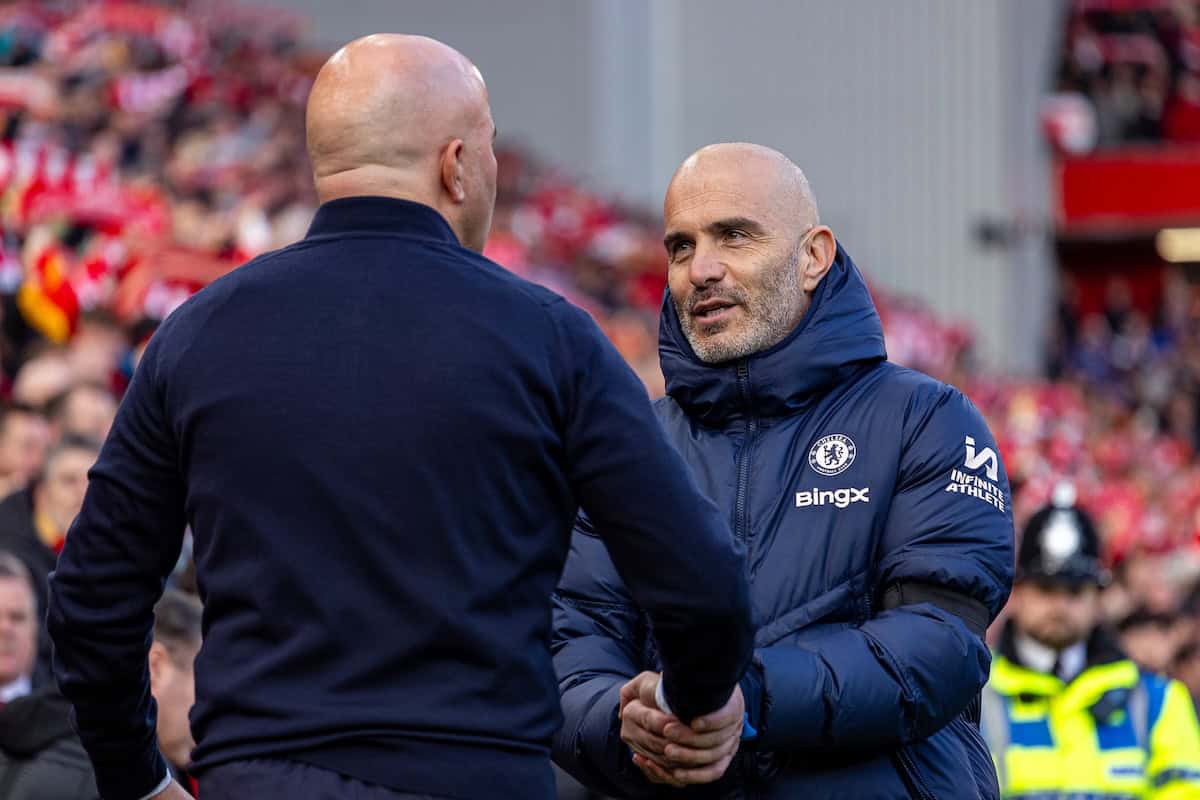 LIVERPOOL, ENGLAND - Saturday, October 19, 2024: Liverpool's head coach Arne Slot (L) and Chelsea's head coach Enzo Maresca before the FA Premier League match between Liverpool FC and Chelsea FC at Anfield. Liverpool won 2-1. (Photo by David Rawcliffe/Propaganda)