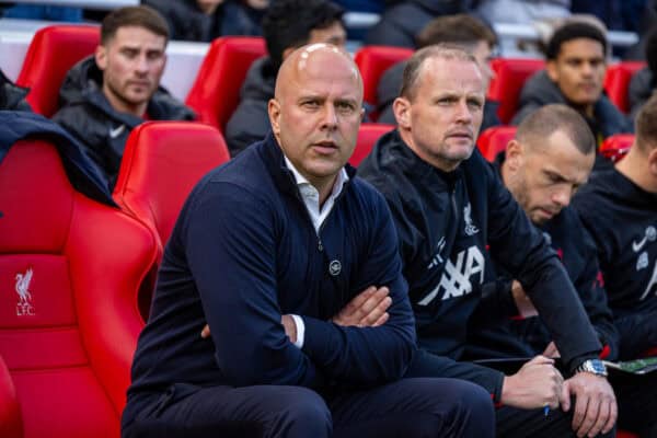 LIVERPOOL, ENGLAND - Saturday, October 19, 2024: Liverpool's head coach Arne Slot (L) and first assistant coach Sipke Hulshoff during the FA Premier League match between Liverpool FC and Chelsea FC at Anfield. Liverpool won 2-1. (Photo by David Rawcliffe/Propaganda)