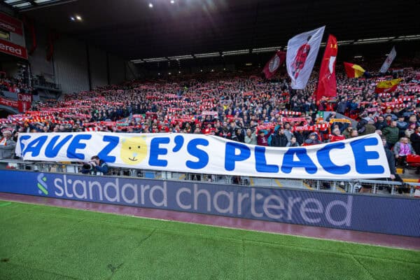 LIVERPOOL, ENGLAND - Saturday, October 19, 2024: Liverpool supporters' banner "Save Zoe's Place" on the Spion Kop during the FA Premier League match between Liverpool FC and Chelsea FC at Anfield. Liverpool won 2-1. (Photo by David Rawcliffe/Propaganda)