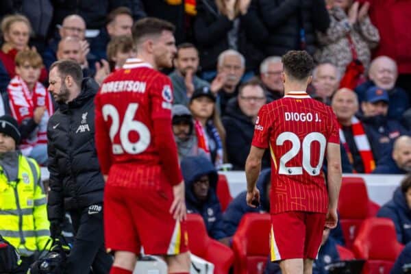 Liverpool, England - Saturday, October 19, 2024: Diogo Jota of Liverpool goes off injured during the FA Premier League match between Liverpool FC and Chelsea FC at Anfield. Liverpool won 2-1. (Photo: David Rawcliffe/Propaganda)