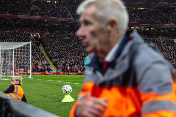 LIVERPOOL, ENGLAND - Sunday, October 20, 2024: A steward blocks the view of the pitch during the FA Premier League match between Liverpool FC and Chelsea FC at Anfield. Liverpool won 2-1. (Photo by David Rawcliffe/Propaganda)