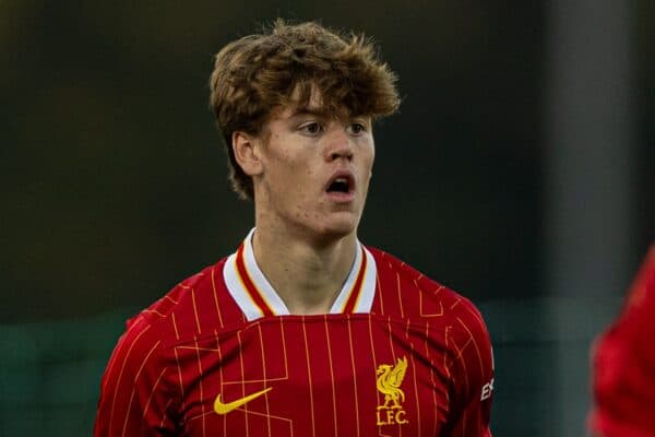 LEIPZIG, GERMANY - Wednesday, October 23, 2024: Liverpool's Joseph Bradshaw during the UEFA Youth League Matchday 3 game between RB Leipzig Under-19's and Liverpool FC Under-19's at Stadion am Cottaweg. (Photo by David Rawcliffe/Propaganda)